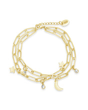Load image into Gallery viewer, CZ, Moon, & Star Double Chain Bracelet
