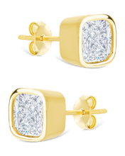 Load image into Gallery viewer, Sterling Silver Cushion Cut Bezel Set Stud Earrings