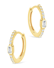 Load image into Gallery viewer, Sterling Silver Emerald Cut Bezel Set Huggie Hoop Earrings