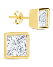 Load image into Gallery viewer, Sterling Silver Princess Cut Bezel Set Stud Earrings