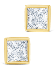 Load image into Gallery viewer, Sterling Silver Princess Cut Bezel Set Stud Earrings
