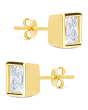 Load image into Gallery viewer, Sterling Silver Princess Cut Bezel Set Stud Earrings