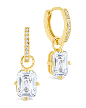 Load image into Gallery viewer, Sterling Silver Emerald Cut CZ Micro Hoop Dangle Earrings