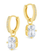 Load image into Gallery viewer, Sterling Silver Emerald Cut CZ Micro Hoop Dangle Earrings