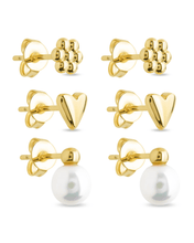 Load image into Gallery viewer, Sterling Silver Irene Pearl, Flower, & Heart Stud Earring Set of 3