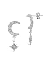 Load image into Gallery viewer, Sterling Silver CZ Crescent & Star Drop Studs