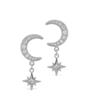Load image into Gallery viewer, Sterling Silver CZ Crescent & Star Drop Studs