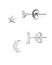 Load image into Gallery viewer, Sterling Silver Crescent & CZ Star Stud Set