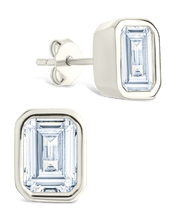Load image into Gallery viewer, Sterling Silver Emerald Cut Bezel Set Stud Earrings
