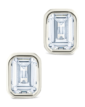 Load image into Gallery viewer, Sterling Silver Emerald Cut Bezel Set Stud Earrings