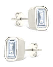 Load image into Gallery viewer, Sterling Silver Emerald Cut Bezel Set Stud Earrings