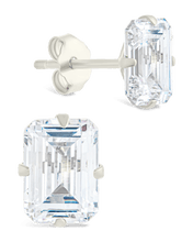 Load image into Gallery viewer, Sterling Silver Emerald Cut Prong Set Stud Earrings