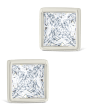 Load image into Gallery viewer, Sterling Silver Princess Cut Bezel Set Stud Earrings