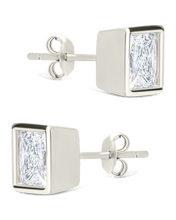 Load image into Gallery viewer, Sterling Silver Princess Cut Bezel Set Stud Earrings