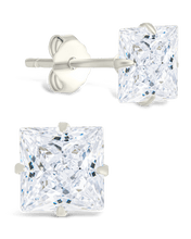 Load image into Gallery viewer, Sterling Silver Princess Cut Prong Set Stud Earrings
