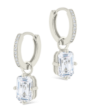 Load image into Gallery viewer, Sterling Silver Emerald Cut CZ Micro Hoop Dangle Earrings