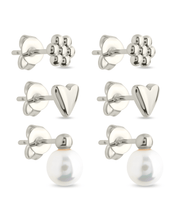 Load image into Gallery viewer, Sterling Silver Irene Pearl, Flower, & Heart Stud Earring Set of 3