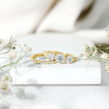 Load image into Gallery viewer, Vintage Inspired Moissanite 3 Stone Wedding Ring Set