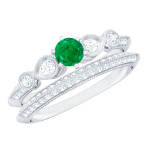 Load image into Gallery viewer, Vintage Looking Emerald Diamond Engagement Wedding Ring Set of 2