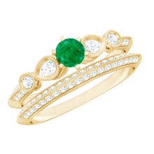 Load image into Gallery viewer, Vintage Looking Emerald Diamond Engagement Wedding Ring Set of 2
