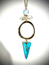 Load image into Gallery viewer, Long hoop Necklace with turquoise, opalite, pearl and Swarovski side detail