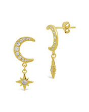 Load image into Gallery viewer, Sterling Silver CZ Crescent &amp; Star Drop Studs
