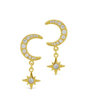 Load image into Gallery viewer, Sterling Silver CZ Crescent &amp; Star Drop Studs
