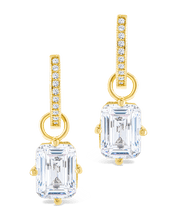 Load image into Gallery viewer, Sterling Silver Emerald Cut CZ Micro Hoop Dangle Earrings
