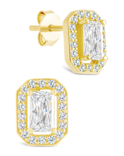 Load image into Gallery viewer, Sterling Silver Emerald Cut Brilliant Halo Studs
