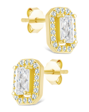 Load image into Gallery viewer, Sterling Silver Emerald Cut Brilliant Halo Studs
