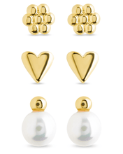 Load image into Gallery viewer, Sterling Silver Irene Pearl, Flower, &amp; Heart Stud Earring Set of 3
