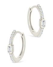 Load image into Gallery viewer, Sterling Silver Emerald Cut Bezel Set Huggie Hoop Earrings
