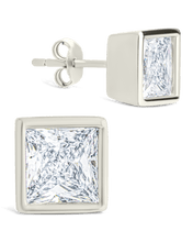 Load image into Gallery viewer, Sterling Silver Princess Cut Bezel Set Stud Earrings
