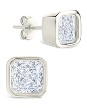 Load image into Gallery viewer, Sterling Silver Radiant Cut Bezel Set Stud Earrings
