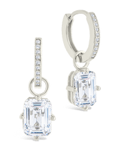 Load image into Gallery viewer, Sterling Silver Emerald Cut CZ Micro Hoop Dangle Earrings
