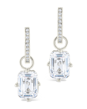 Load image into Gallery viewer, Sterling Silver Emerald Cut CZ Micro Hoop Dangle Earrings
