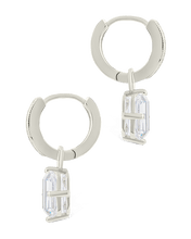 Load image into Gallery viewer, Sterling Silver Emerald Cut CZ Micro Hoop Dangle Earrings
