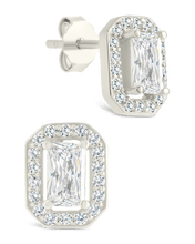 Load image into Gallery viewer, Sterling Silver Emerald Cut Brilliant Halo Studs
