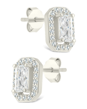 Load image into Gallery viewer, Sterling Silver Emerald Cut Brilliant Halo Studs

