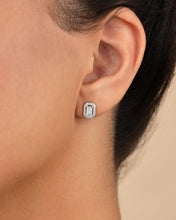 Load image into Gallery viewer, Sterling Silver Emerald Cut Brilliant Halo Studs
