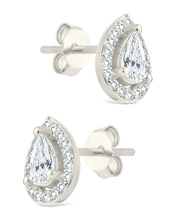 Load image into Gallery viewer, Sterling Silver Pear Cut Brilliant Halo Studs
