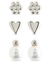 Load image into Gallery viewer, Sterling Silver Irene Pearl, Flower, &amp; Heart Stud Earring Set of 3
