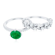 Load image into Gallery viewer, Nature Inspired Emerald Diamond Wedding Bridal Ring Set of 2
