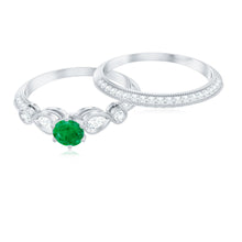 Load image into Gallery viewer, Vintage Looking Emerald Diamond Engagement Wedding Ring Set of 2
