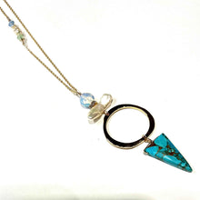 Load image into Gallery viewer, Long hoop Necklace with turquoise, opalite, pearl and Swarovski side detail
