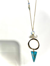 Load image into Gallery viewer, Long hoop Necklace with turquoise, opalite, pearl and Swarovski side detail
