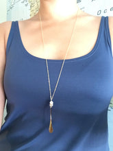 Load image into Gallery viewer, Long Pillar Necklace with pearl and Swarovski side detail
