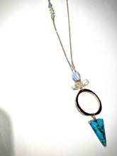 Load image into Gallery viewer, Long hoop Necklace with turquoise, opalite, pearl and Swarovski side detail
