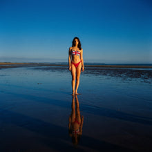 Load image into Gallery viewer, Union Jack Bandeau Bikini with Red V-Cut Bikini Bottom
